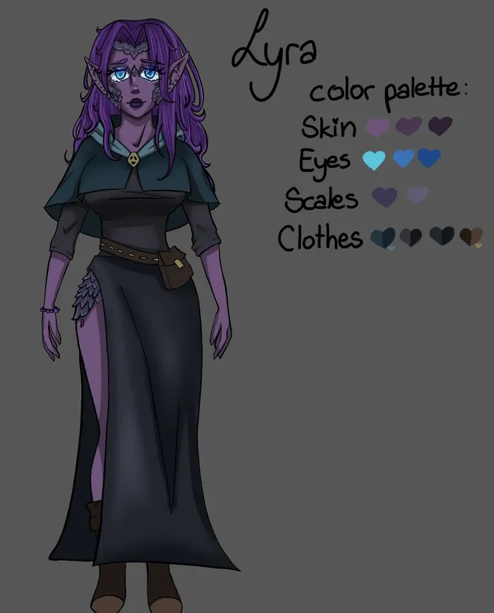 Referenzblatt der Elfe Lyra mit Farbpalette für Haut, Augen, Schuppen